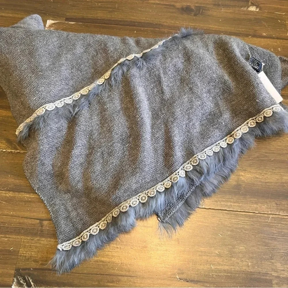 RIKKA Neutral Scarf Embroidery Faux Fur Trim 72 Inches Wrap